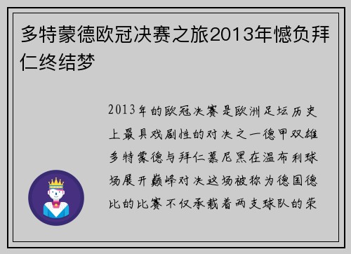 多特蒙德欧冠决赛之旅2013年憾负拜仁终结梦