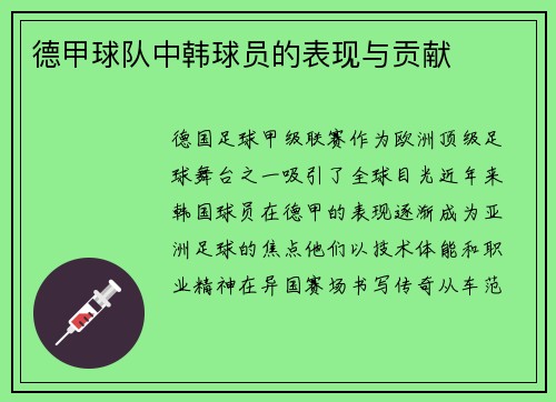 德甲球队中韩球员的表现与贡献