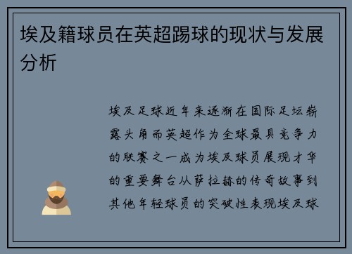 埃及籍球员在英超踢球的现状与发展分析